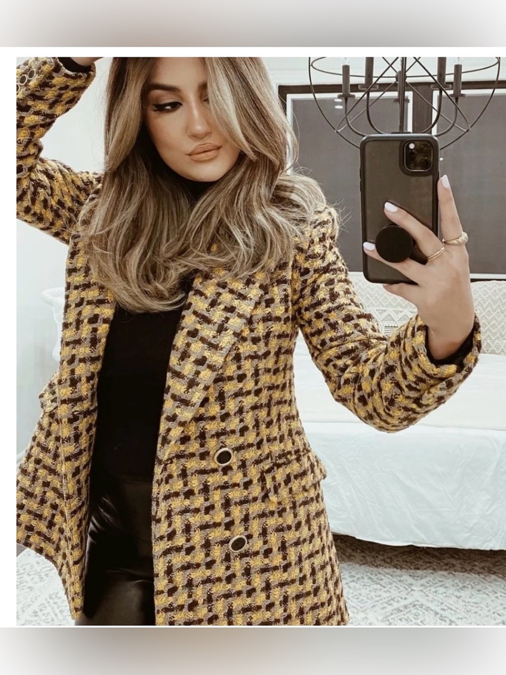 ZARA Textured Tweed Wool Blend Double Breasted Blazer Jacket Small Gold Brown - Picture 5 of 13